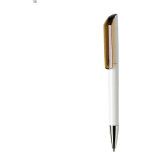 A white plastic pen with a transparent brown cap and a silver tip. It features a logo on the body.
