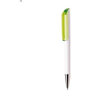 A plastic pen in white with a green translucent cap and a chrome tip, featuring a branding logo.