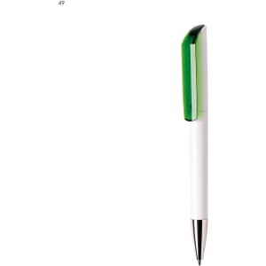 A white plastic pen with a green cap and a silver tip, featuring a logo on the body.
