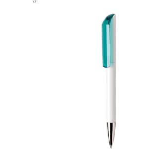 A plastic pen in white with a teal top, featuring a silver tip and a branding logo.