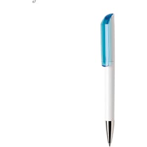 A white plastic pen with a blue translucent cap and a silver clip, featuring a branding logo.