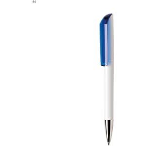 A plastic pen with a blue cap and a white barrel, featuring a silver tip and a logo.