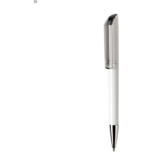 A white plastic pen featuring a clear cap and silver accents, complete with branding.