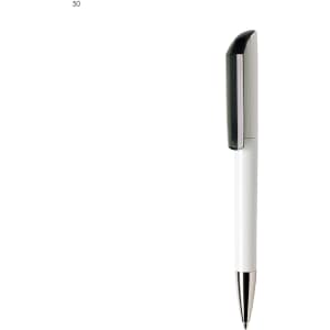 A white plastic pen with a black cap and silver accents. It features a simple design and a logo.