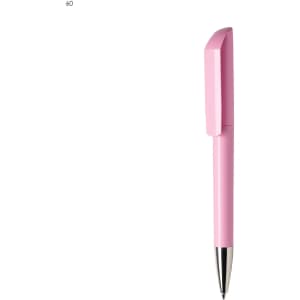 A pink plastic pen with a sleek design and a silver nib, featuring a logo on the body.