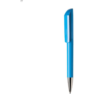 A blue plastic pen with a sleek design and a silver tip, featuring a logo on the barrel.