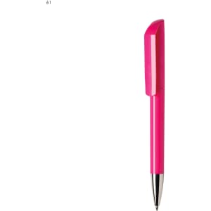 A bright pink plastic pen with a sleek design and a silver tip, featuring a logo.