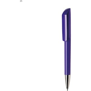 A purple plastic pen with a sleek design and a silver tip, featuring a logo on the side.