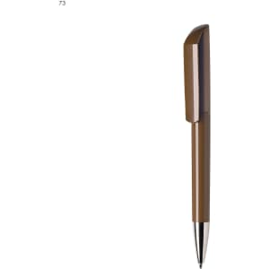 A plastic pen in a rich brown colour with a sleek design and a chrome clip at the top. Features a logo.