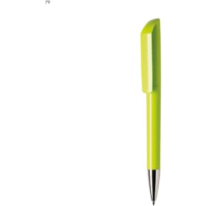 A bright lime green plastic pen with a sleek design and chrome tip, featuring a cap.