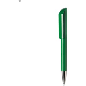 A green plastic pen with a sleek design and a silver nib, featuring a logo on the body.