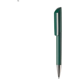 A dark green plastic pen with a sleek design and a metallic silver tip, featuring a logo on the body.