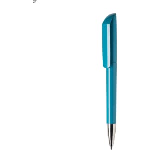A plastic pen in a vibrant turquoise colour with a sleek design and a silver tip, featuring a logo.