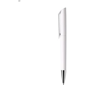 A white plastic pen with a silver tip and clip, featuring a logo on its side.