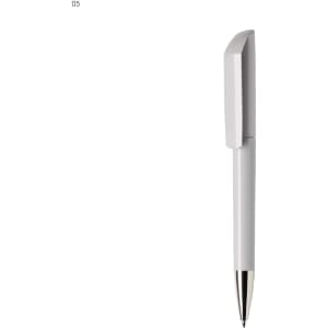 A plastic pen in white with a sleek design and a silver tip, featuring a branding logo on the barrel.