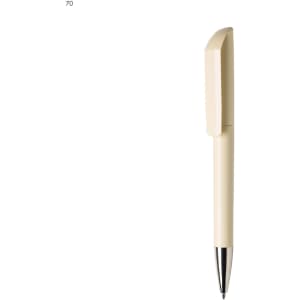 A plastic pen in a cream colour with a sleek, angular design and a silver tip, featuring a logo.