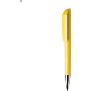 A yellow plastic pen with a sleek design and a chrome clip at the top. The pen has a logo on its body.