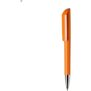 An orange plastic pen with a sleek design and a silver clip. The pen features a logo on its side.
