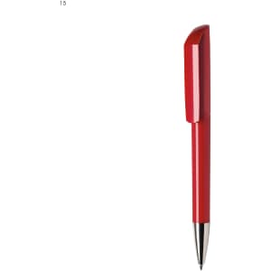 A red plastic pen with a sleek design and a silver tip, featuring a branding logo.