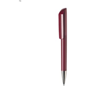 A plastic pen in a deep red colour with a sleek design and silver accents, featuring a branding logo.