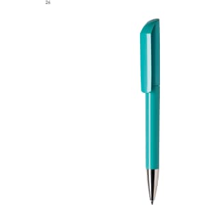 A turquoise plastic pen with a sleek design and metallic silver tip. It features a logo on the body.
