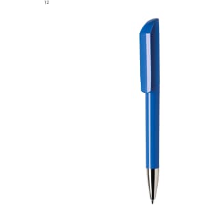 A blue plastic pen with a glossy finish and a silver tip, featuring a branding logo.