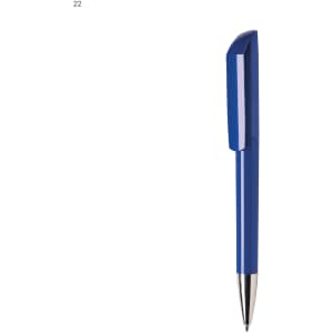 A blue plastic pen with a sleek design and a silver tip, featuring a logo on the side.