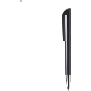 A plastic pen in black with a sleek design and a silver tip. It features a logo on the barrel.
