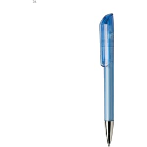 A blue plastic pen with a transparent cap and silver accents, featuring a logo on the body.