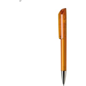 An orange plastic pen with a silver metal tip and a clear cap, featuring a branding logo.