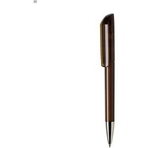 A plastic pen with a transparent amber body and a metallic silver tip, featuring a logo on the clip.