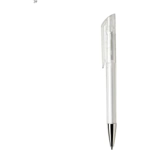 A transparent plastic pen with a silver tip and a clip on the cap, featuring a logo.