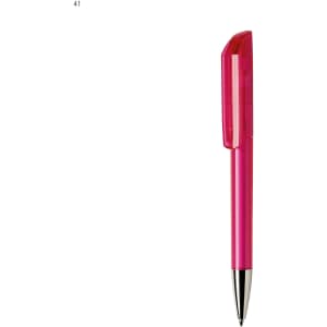 A plastic pen in vibrant pink with a silver tip and a cap, featuring a logo on the barrel.