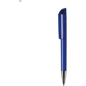 A plastic pen in a vibrant blue colour with a silver nib and a transparent cap. The pen features a logo.
