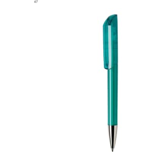 A plastic pen in a vibrant teal colour with a transparent cap and a silver nib, featuring a logo.