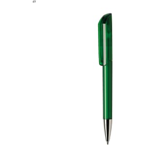 A green plastic pen with a shiny silver tip and a transparent cap. It also features a logo.