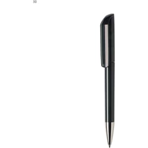 A black plastic pen with a glossy finish and a silver tip. It features a sleek, modern design and a clip on top.