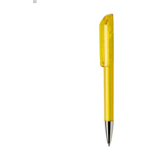 A yellow plastic pen with a transparent body and a silver tip, featuring a branding logo.