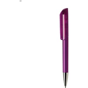 A purple plastic pen with a transparent cap and a metallic tip, featuring a logo on its body.