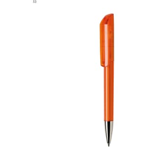 An orange plastic pen with a clear body and a silver tip, featuring a branding logo.