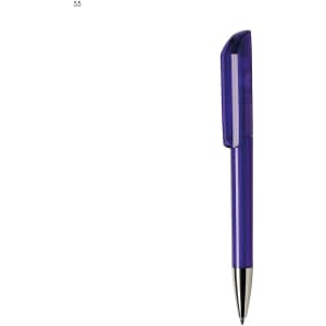 A plastic pen in a vibrant purple colour with a clear cap and silver detailing. It features a branding logo.