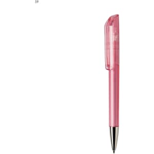 A pink plastic pen with a transparent cap and silver clip, featuring a simple design and a branding logo.