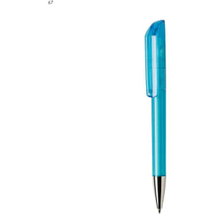 A plastic pen in bright blue with a transparent cap and silver accents, featuring a logo on the barrel.