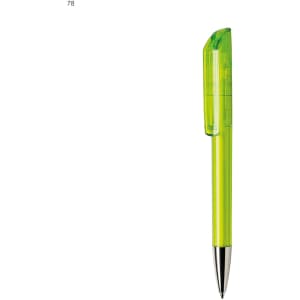 A bright green plastic pen with a transparent cap and a silver tip. Features a branding logo.