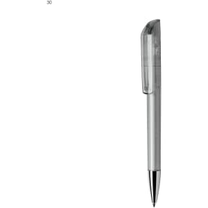 A transparent plastic pen with a sleek design and a silver tip, featuring a cap and a branding logo.