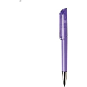 A purple plastic pen with a transparent barrel and a silver tip, featuring a logo.