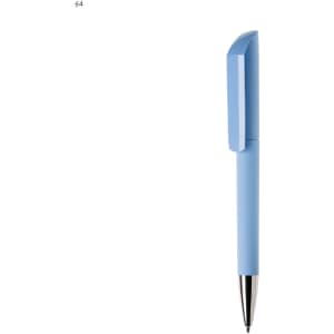 A blue plastic pen with a textured grip and shiny silver tip, featuring a branding logo.
