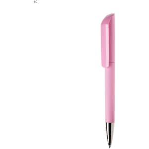 A pink plastic pen with a textured grip and a shiny silver tip. The pen features a logo on its side.