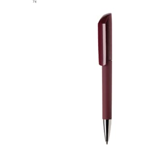 A burgundy plastic pen featuring a textured cap and a shiny silver tip, with a branding logo on the barrel.