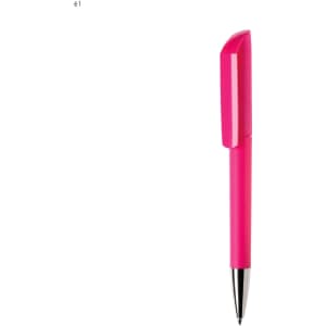 A pink plastic pen with a textured grip and a sleek design, featuring a silver nib and a branding logo.
